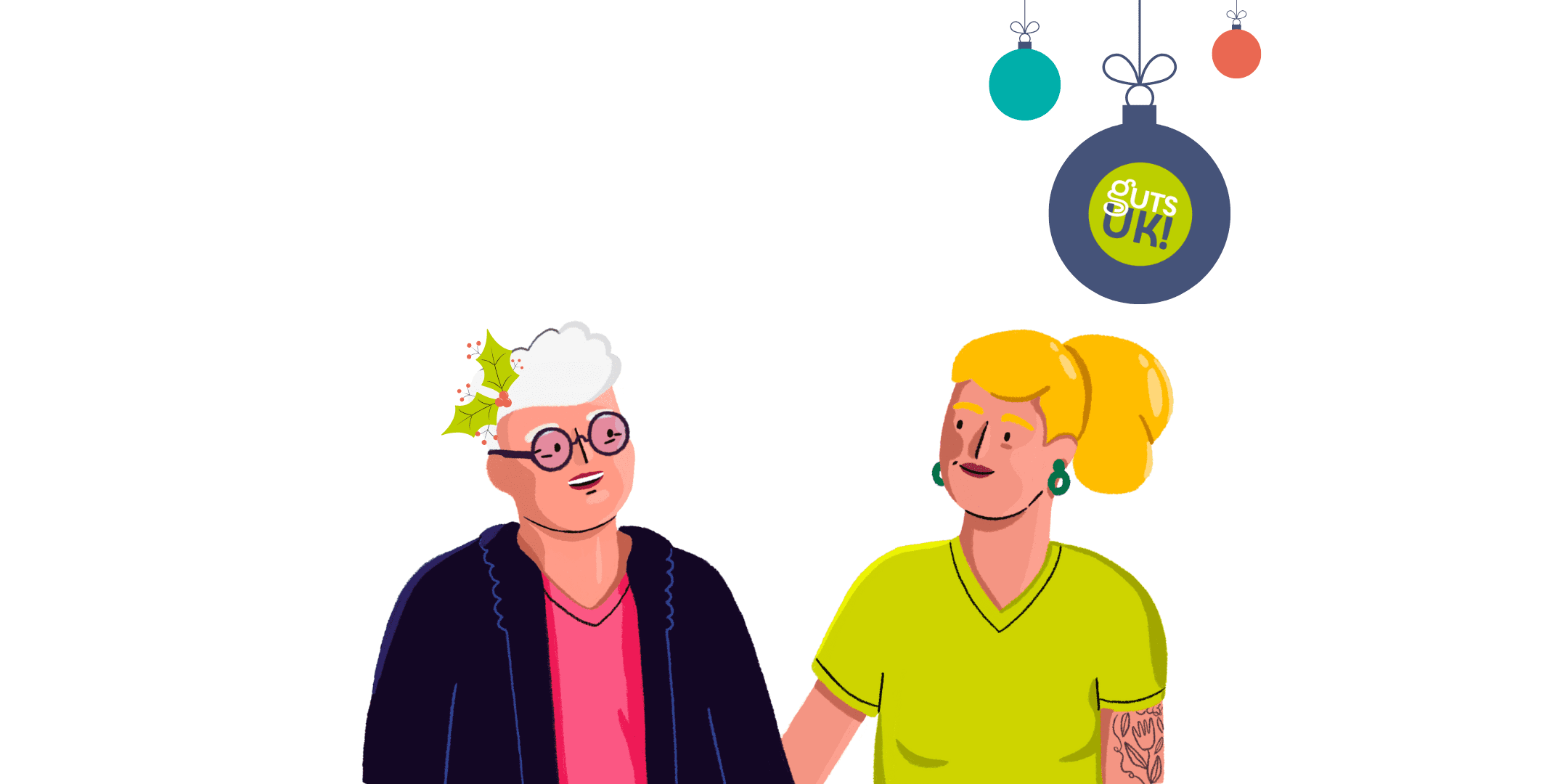 An illustration of two people talking. There are speech bubbles above them. There are festive baubles to the right of them.