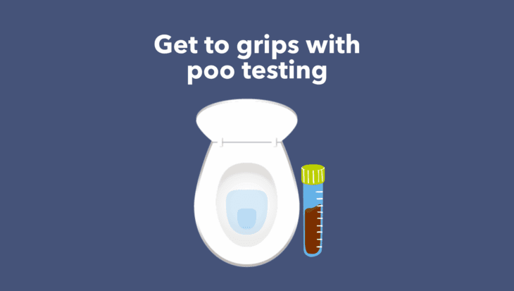 A simple, circular graphic icon on a dark background features a white toilet viewed from above, with the seat and lid up. To the right of the toilet, there is a clear, labeled sample collection tube with a bright yellow-green cap. The tube contains a brown liquid or solid substance, indicating a collected stool sample for testing. The overall image is set against a dark blue circular background, suggesting a medical or health-related process like a stool test. Text reads 