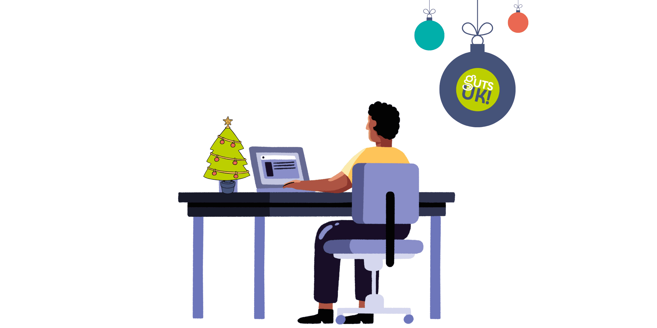 An illustration of a man wearing a yellow t-shirt sitting at a desk. He is looking at his laptop and there is a festive tree in a pot on the desk.