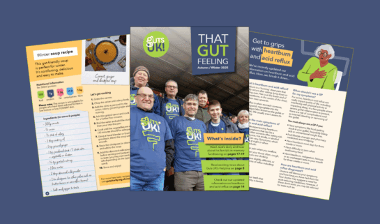 A flat lay of the front cover and excerpts of Guts UK's 