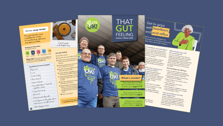 A flat lay of the front cover and excerpts of Guts UK's 