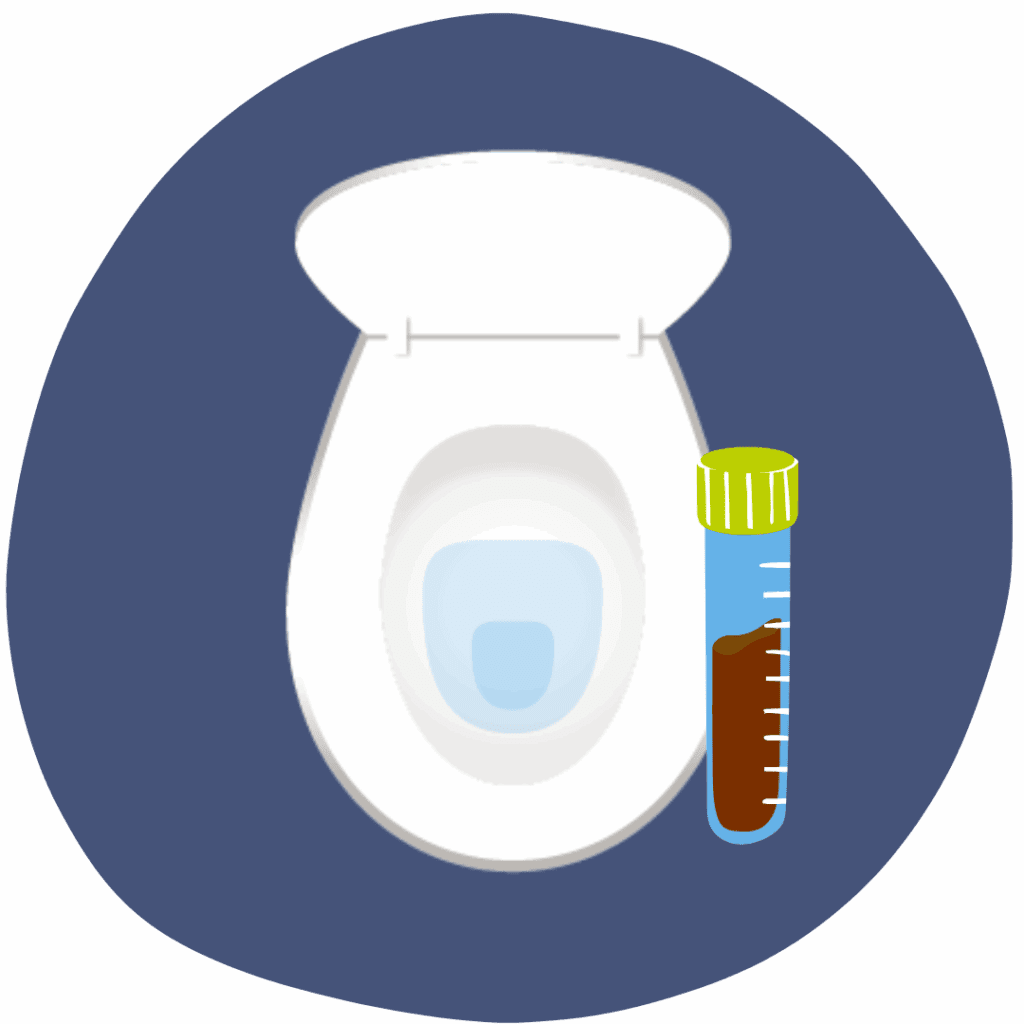 A simple, circular graphic icon on a dark background features a white toilet viewed from above, with the seat and lid up. To the right of the toilet, there is a clear, labeled sample collection tube with a bright yellow-green cap. The tube contains a brown liquid or solid substance, indicating a collected stool sample for testing. The overall image is set against a dark blue circular background, suggesting a medical or health-related process like a stool test.