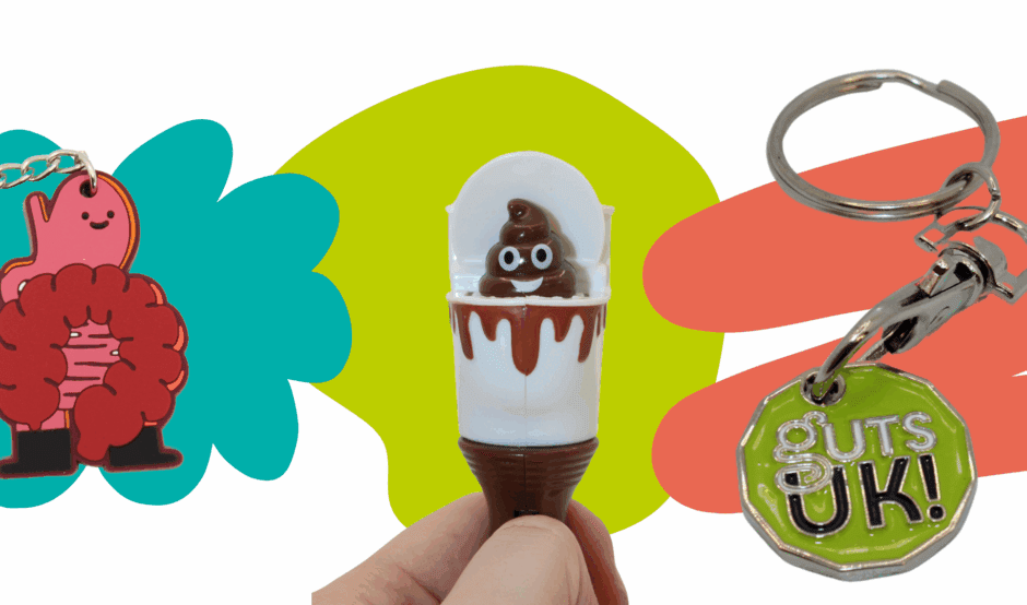 Different products available on the Guts UK online shop including a gut keyring, poo pen and Guts UK trolley token.