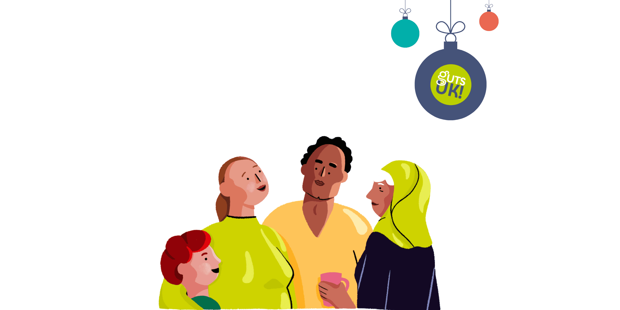 An illustration of a group of people including a child and three adults stand together in a huddle, talking to one another. There are festive baubles to the right of them.