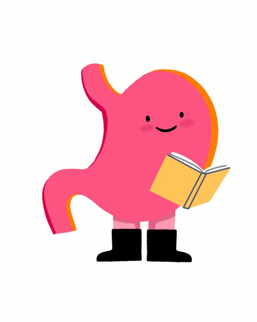 An illustration of Guts UK's brand character cartoon, Sammie the Stomach, holding an open yellow book.