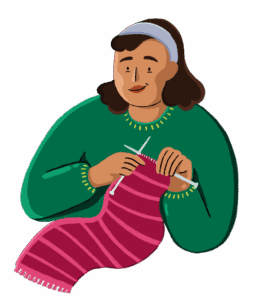 Guts UK’s brand illustration character of a woman knitting. She wears a green jumper and is knitting a pink striped scarf.