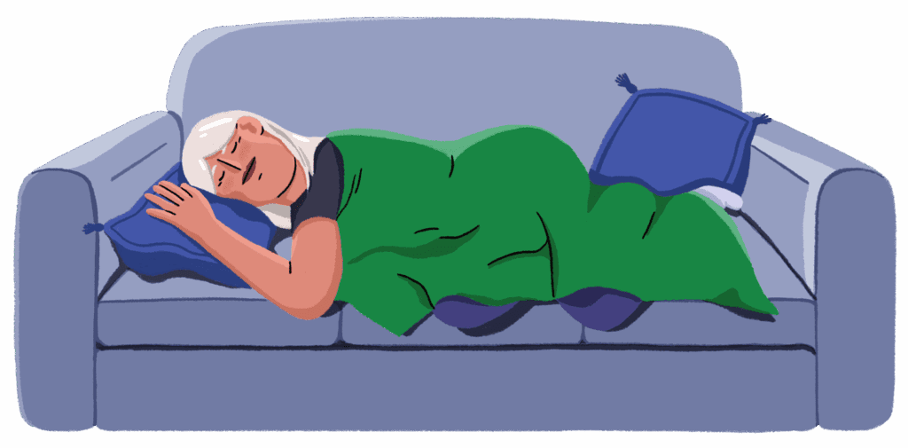 Guts UK’s brand illustration character of a woman lying down on a blue sofa with her head resting on a pillow. She has a green blanket draped over her