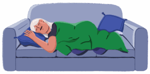 Guts UK’s brand illustration character of a woman lying down on a blue sofa with her head resting on a pillow. She has a green blanket draped over her