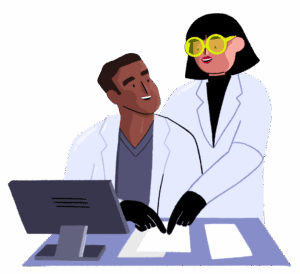 Guts UK’s brand illustration characters of a male researcher and female researcher working together.