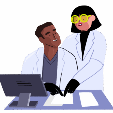 Guts UK’s brand illustration characters of a male researcher and female researcher working together.