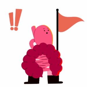 Guts UK illustrated brand character of the gut, holding a red flag, with two red exclamation marks to the left hand side of it.