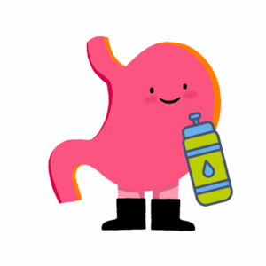 Guts UK's brand character cartoon of Sammie the Stomach is smiling and has a bright green and blue water bottle, with a water droplet icon on it.