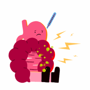 Guts UK brand character cartoon of Gus the Gut, sitting down, looking sad. There are lightning bolts to show pain, near the side of his large bowel (colon), as well as green bubbles in the colon to represent food poisoning. He also has a blue thermometer near his head, with a red temperature gauge, showing high temperature.