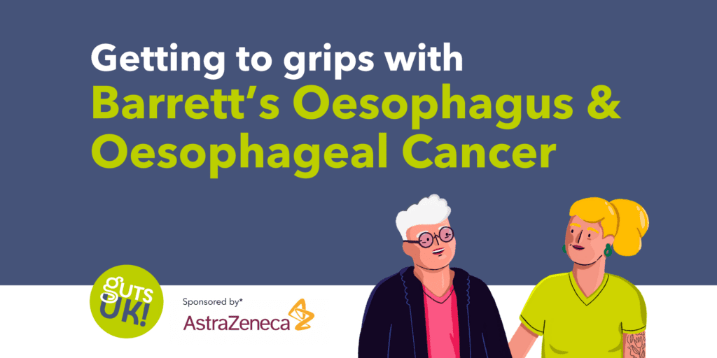 An informational graphic for Guts UK titled "Getting to grips with Barrett’s Oesophagus & Oesophageal Cancer." The top half of the image has a dark blue background with the title in white and lime-green text. The bottom half is white and features the Guts UK logo on the left, the AstraZeneca sponsor logo in the center, and a stylized illustration of two women on the right. One woman has short white hair and glasses, wearing a dark jacket over a pink shirt, while the other has blonde hair in a ponytail and is wearing a lime-green t-shirt. They are smiling and looking at each other.