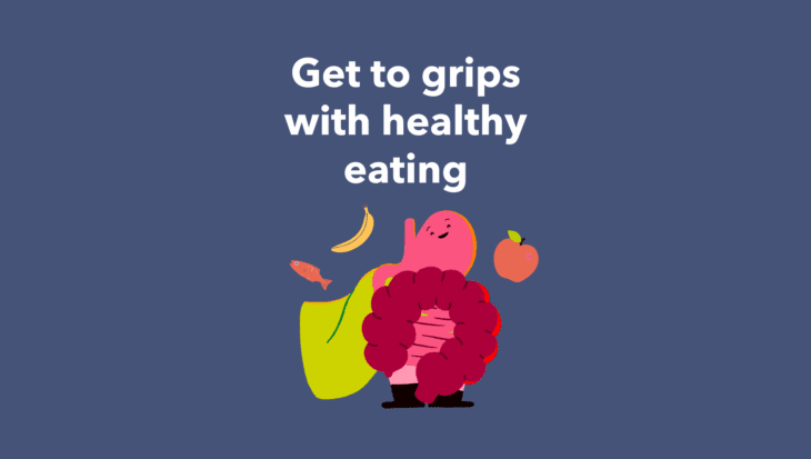 Guts UK's brand illustration character of the gut, smiling proudly, wearing a cape. There is also a red apple, red fish and a yellow banana around the gut.