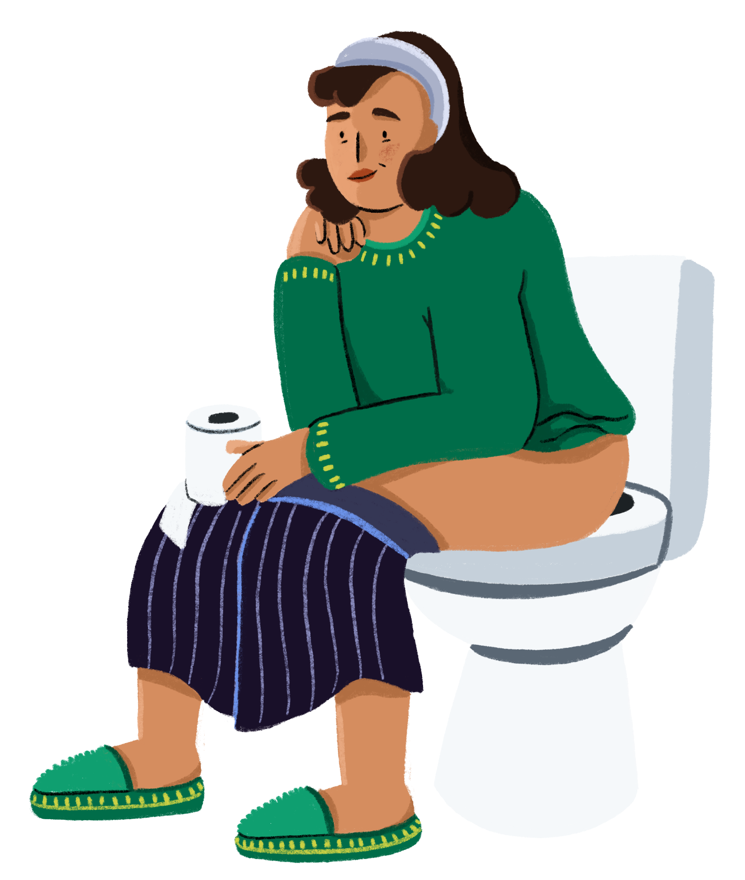 An illustration of a woman sat on a toilet.