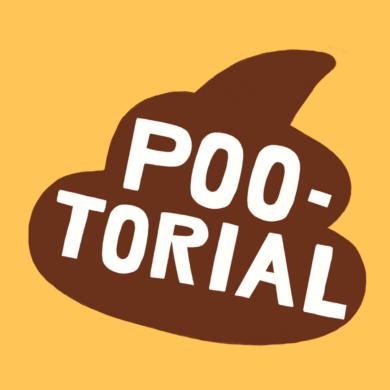 Poo-torial logo on yellow background.