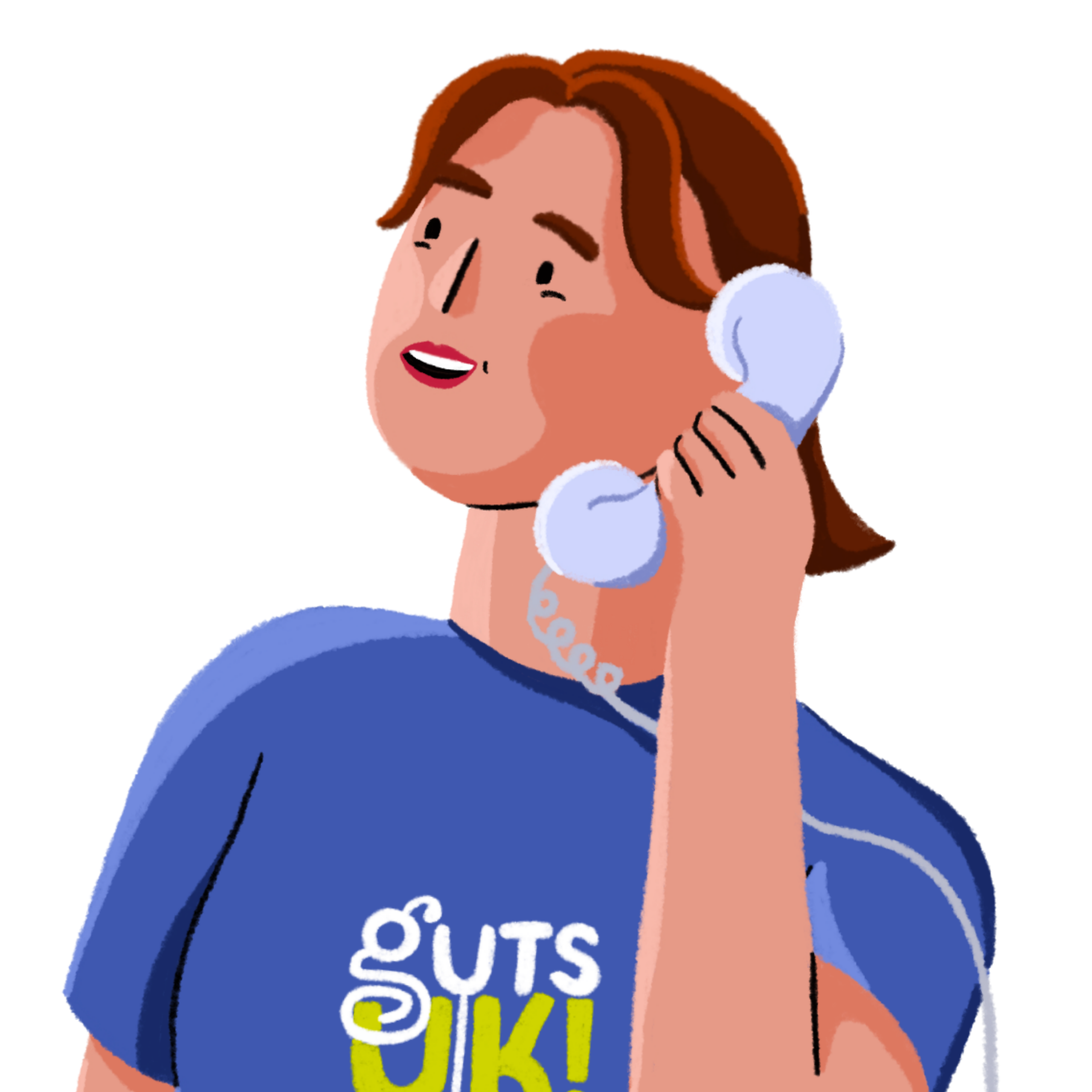 Illustration of person wearing Guts UK t-shirt on telephone.