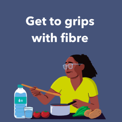 Guts UK brand illustration characters of a woman cooking. She is raising a wooden spoon from the pan to taste the food and there are various vegetables in front of her. There is also a large bottle of water and a glass with some water in it next to her. She is smiling and wears a green V-neck top. Text on screen reads 