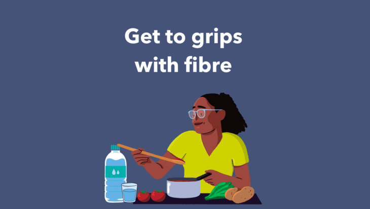 Guts UK brand illustration characters of a woman cooking. She is raising a wooden spoon from the pan to taste the food and there are various vegetables in front of her. There is also a large bottle of water and a glass with some water in it next to her. She is smiling and wears a green V-neck top. Text on screen reads 