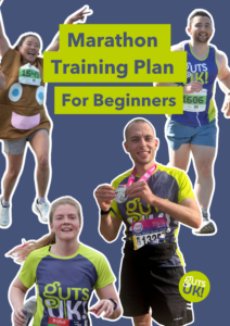 Front cover of Guts UK's marathon training plan for beginners.