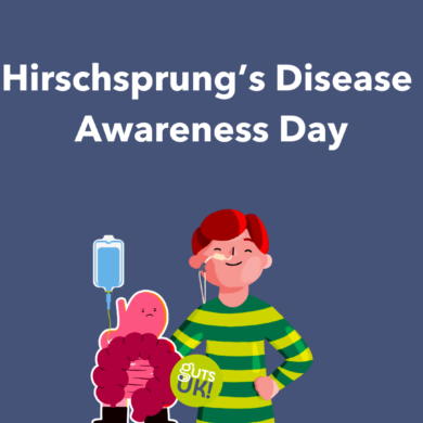 Guts UK's boy brand character is stood up with his hands on his hips, smiling. He has a feeding tube going into one nostril. He is accompanied by Guts UK's brand character cartoon of the gut, sat down, looking sad, with a drip attached to him. At the top, white text reads