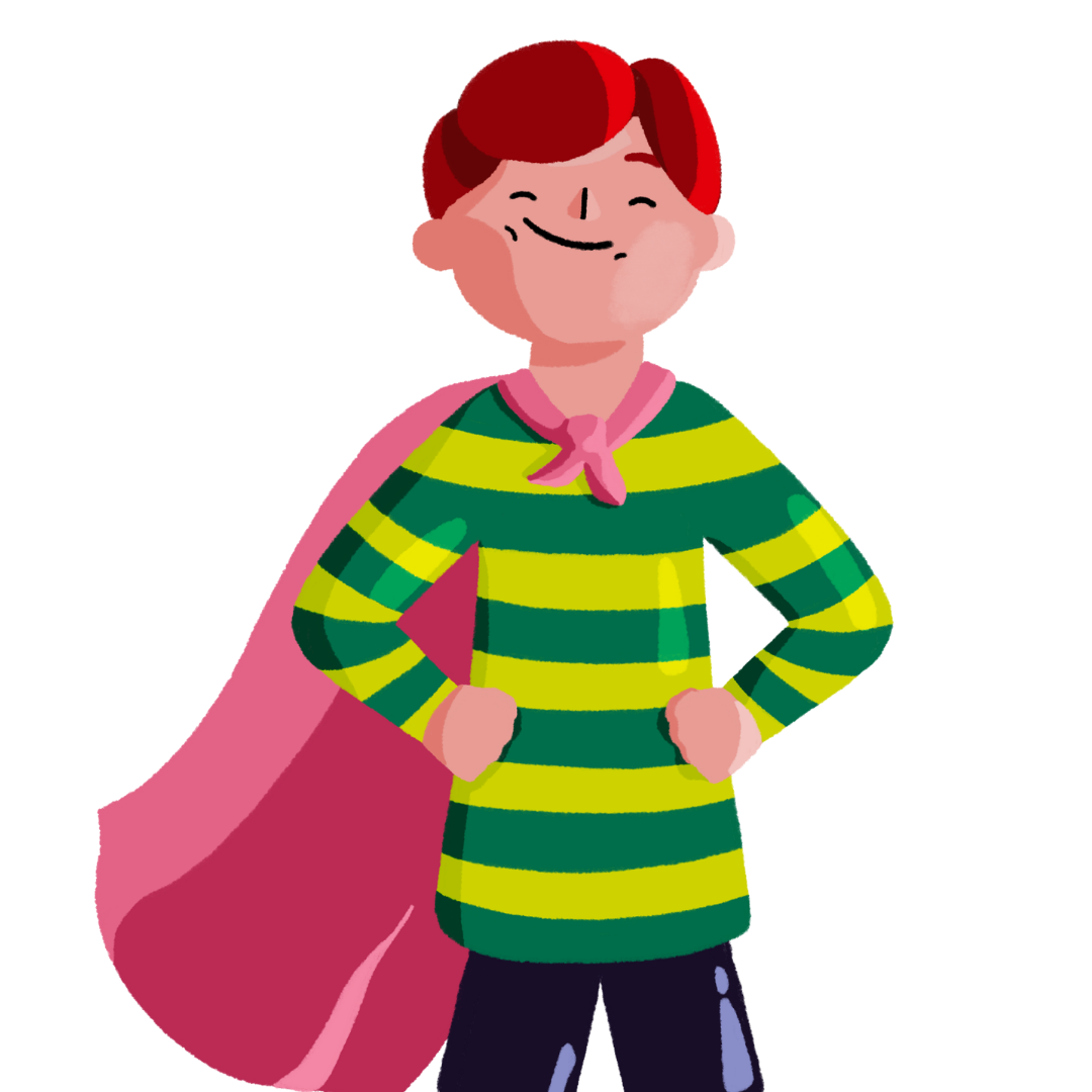 Guts UK brand character of a male child is smirking. He is wearing a striped green top and black shorts with a pink cape.