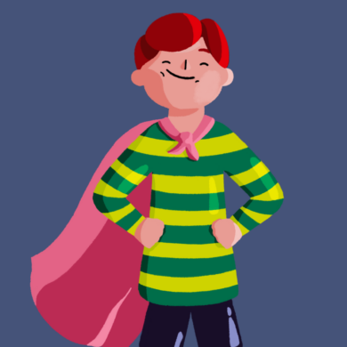 Guts UK brand character of a male child is smiling. He is wearing a striped green top and black shorts with a pink cape.