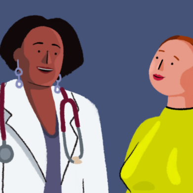 An illustration of a doctor and a patient standing next to each other.