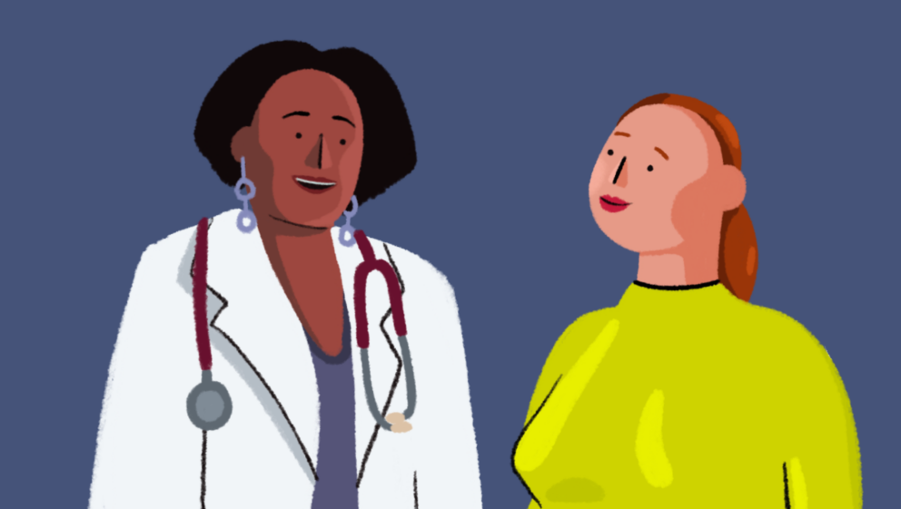 An illustration of a doctor and a patient standing next to each other.