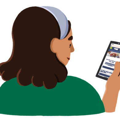 An illustration of a woman using a mobile phone to look at a website.