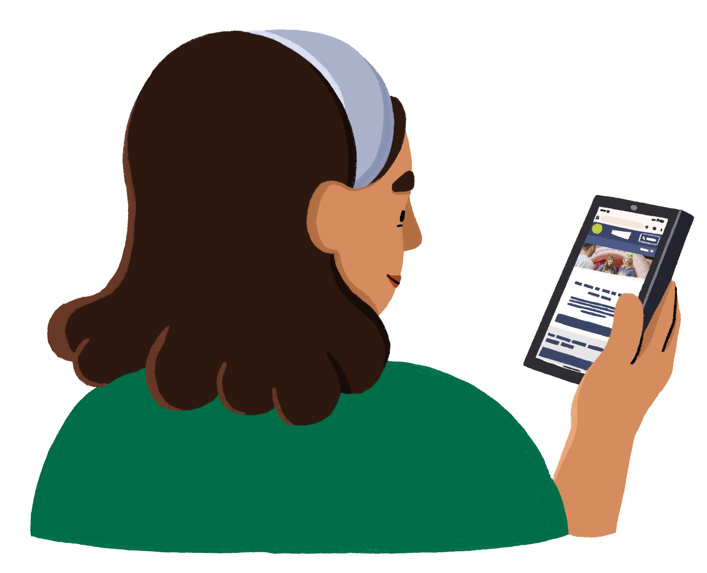 An illustration of a woman using a mobile phone to look at a website.