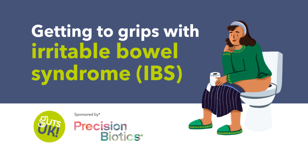 A graphic promoting the getting to grips with IBS webinar by Guts UK.