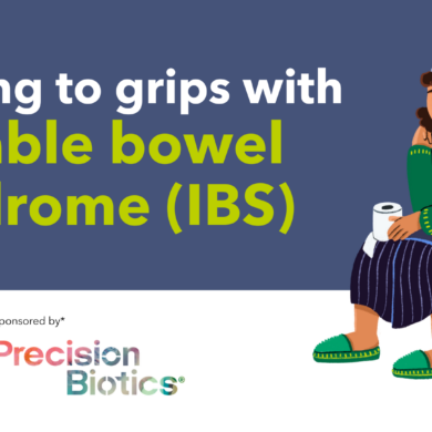 A graphic promoting the getting to grips with IBS webinar by Guts UK.