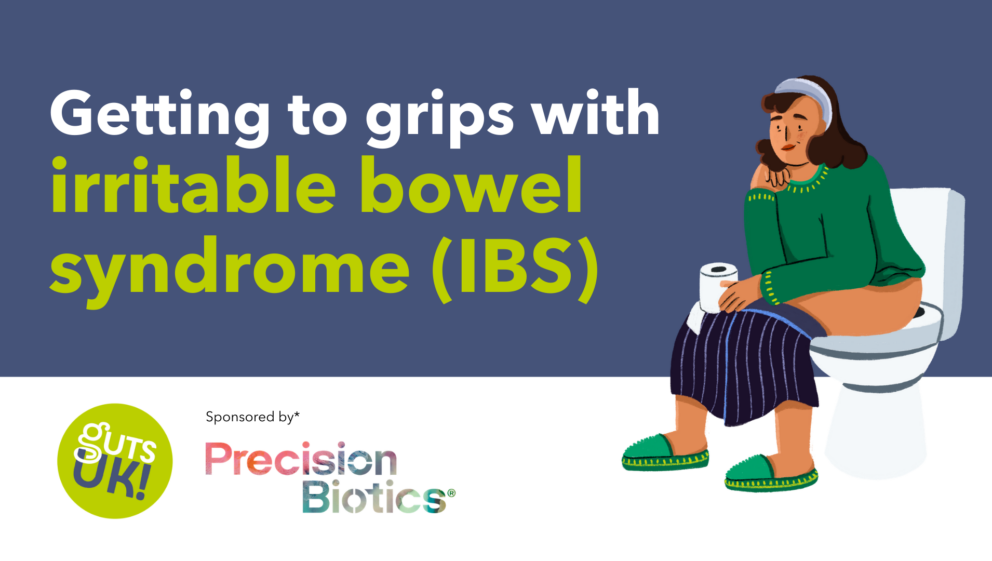 A graphic promoting the getting to grips with IBS webinar by Guts UK.