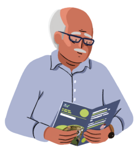 Guts UK brand illustration character of a male wearing black glasses and a light blue shirt. He has grey hair and is looking down, reading a Guts UK information leaflet which he holds in his hands.