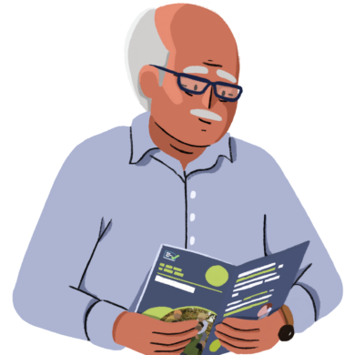 Guts UK brand illustration character of a male wearing black glasses and a light blue shirt. He has grey hair and is looking down, reading a Guts UK information leaflet which he holds in his hands.