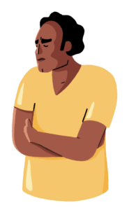 Guts UK brand illustration character of a male standing, with his arms folded over his stomach. He has a pained, sad expression and is wearing a yellow T-shirt.