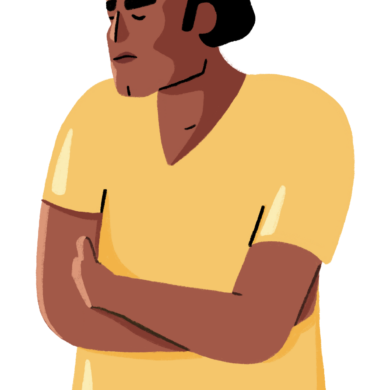 Guts UK brand illustration character of a male standing, with his arms folded over his stomach. He has a pained, sad expression and is wearing a yellow T-shirt.