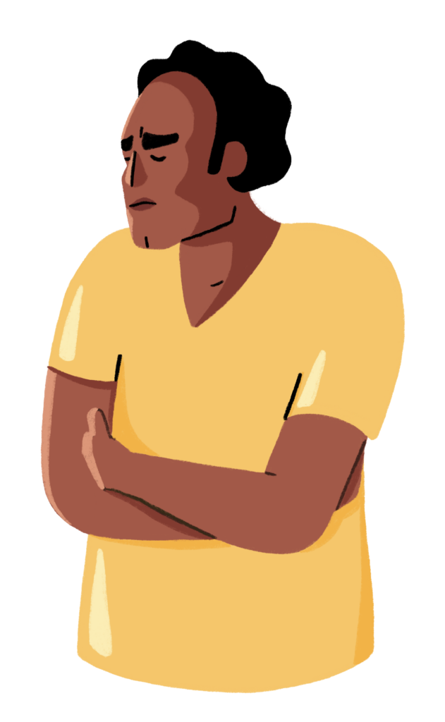 Guts UK brand illustration character of a male standing, with his arms folded over his stomach. He has a pained, sad expression and is wearing a yellow T-shirt.