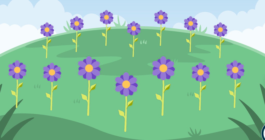A garden landscape with green grass and a blue sky, with digital animated purple flowers.