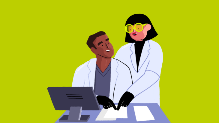 An illustration of two researchers working together.