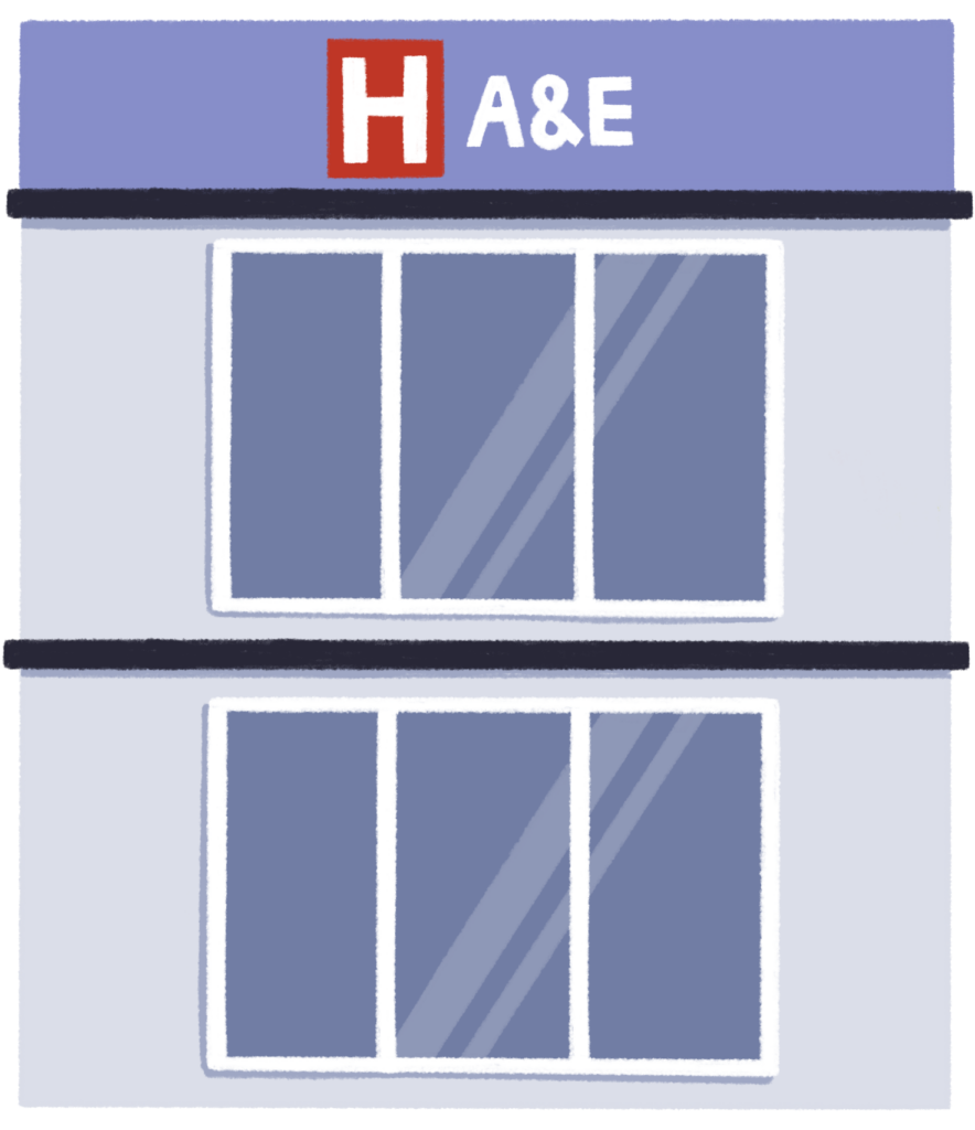 Guts UK's brand illustration of a blue, two-story hospital with narrow, tall windows. It has a sign on the top which includes a white “H” on a red background, with “A&E” next to it. 