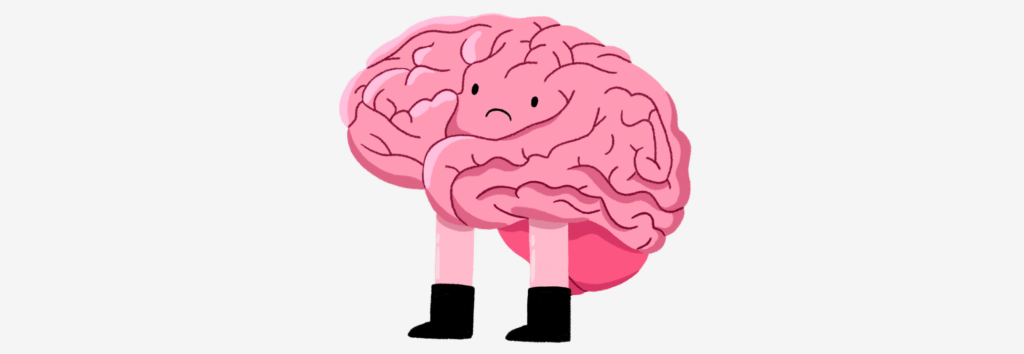 Guts UK's brand illustration character of Bobby the Brain looking sad. He is pink and wears black boots. Bobby is light pink, has lighter pink legs and wears black boots. 