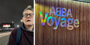 Image 1: Ceri at night with the "ABBA" arena sign glowing in the background. Image 2: A close-up of the "ABBA Voyage" sign on a vertical wooden slat wall.