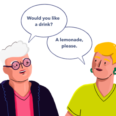 Guts UK’s brand illustration characters of two people talking, with speech bubbles above their heads. One speech bubble reads 