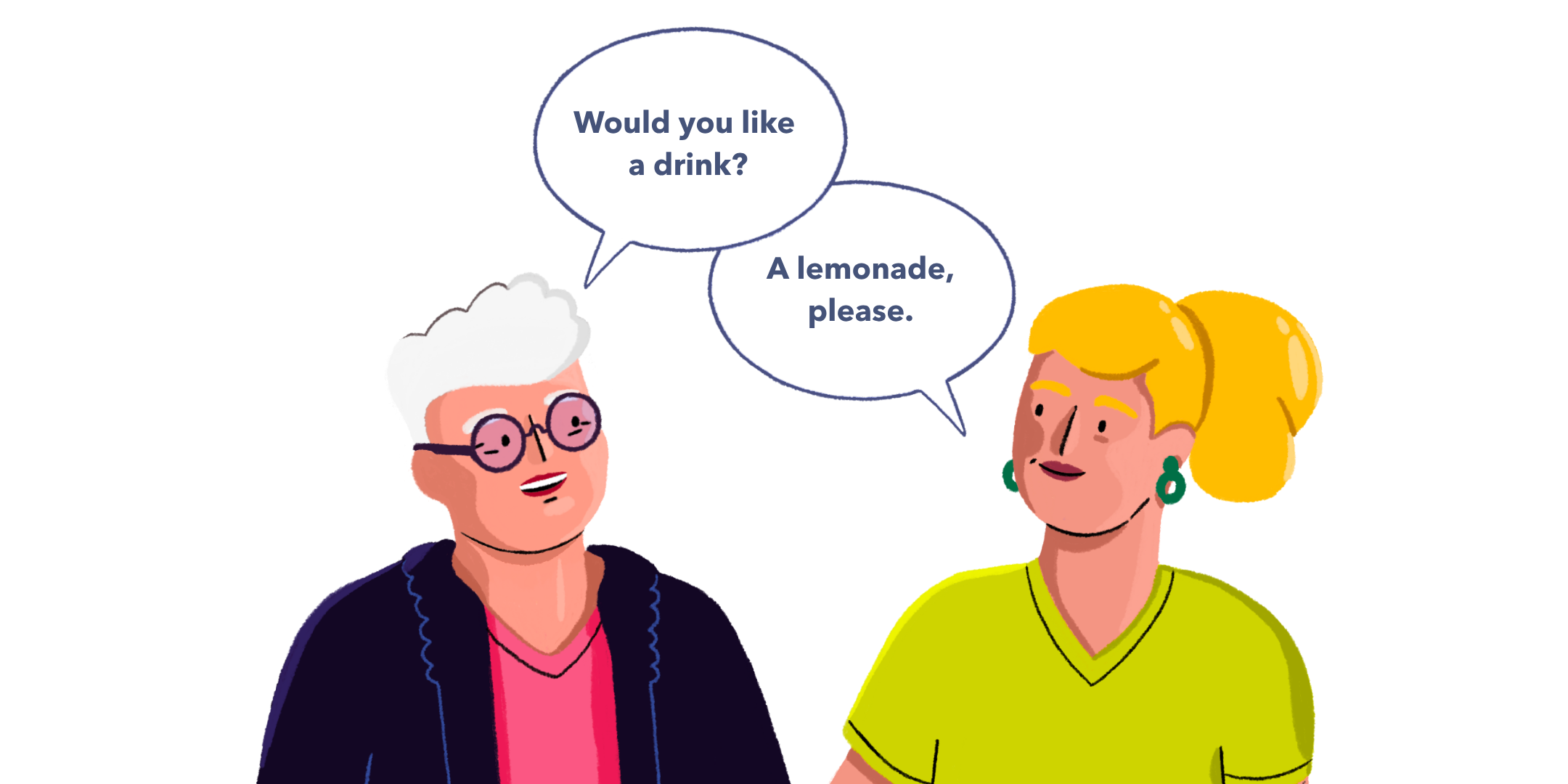 Guts UK’s brand illustration characters of two people talking, with speech bubbles above their heads. One speech bubble reads "Would you like a drink?" and the other "A lemonade, please." One person wears a green t-shirt and has blonde hair in a ponytail. The other person has short white hair and wears a pink V-neck t-shirt and navy jacket. 