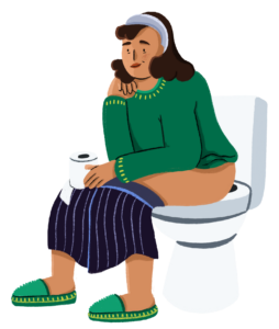An illustration of a woman sat on toilet, holding toilet roll.