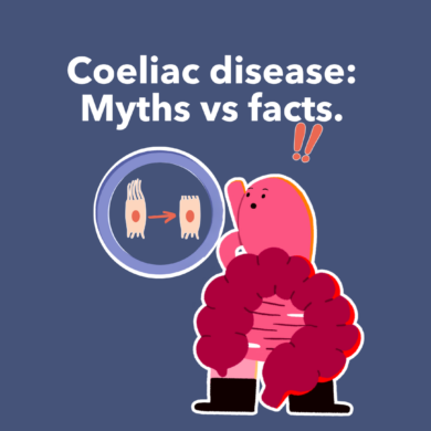 Guts UK's Gus the Gut character looking shocked with text that reads 'Coeliac disease: Myths vs facts.'