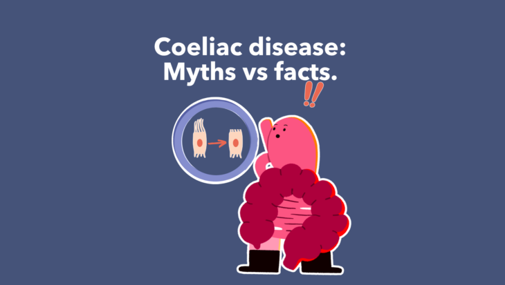 Guts UK's Gus the Gut character looking shocked with text that reads 'Coeliac disease: Myths vs facts.'